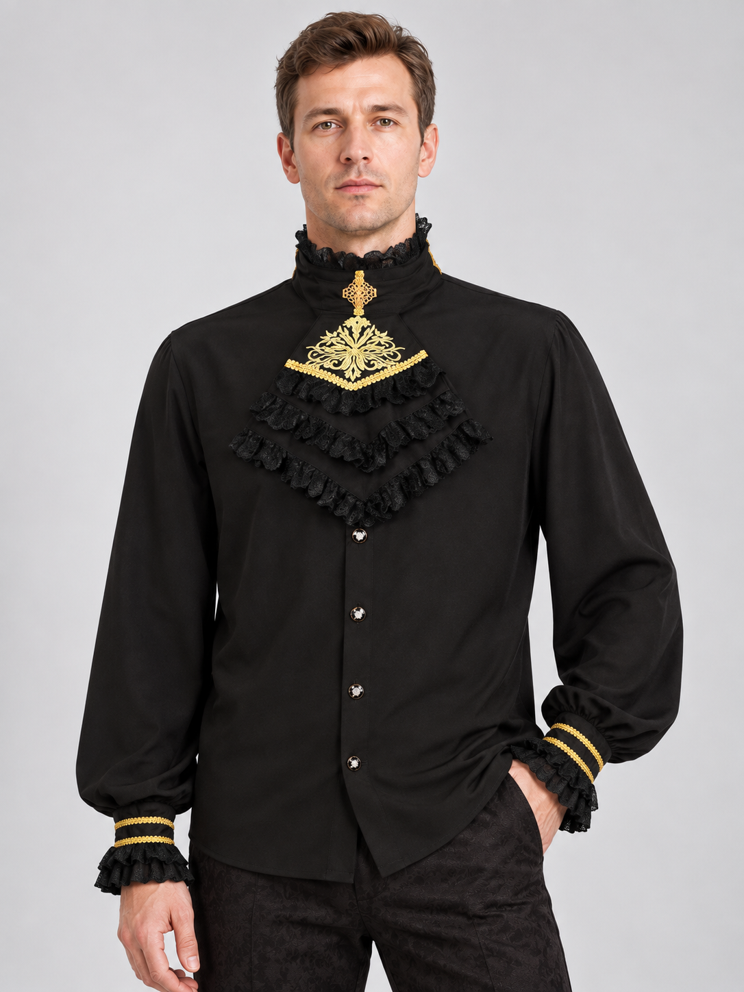 Black Shirt with Lace Ruffles and Gold Embroidery