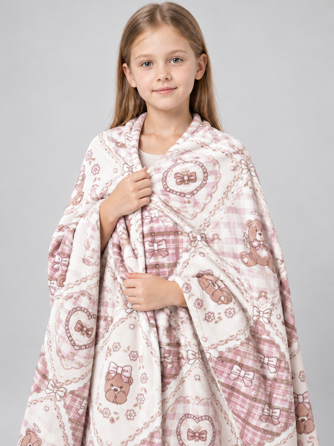 Reversible Fleece Blanket with Bears and Bows, Pink