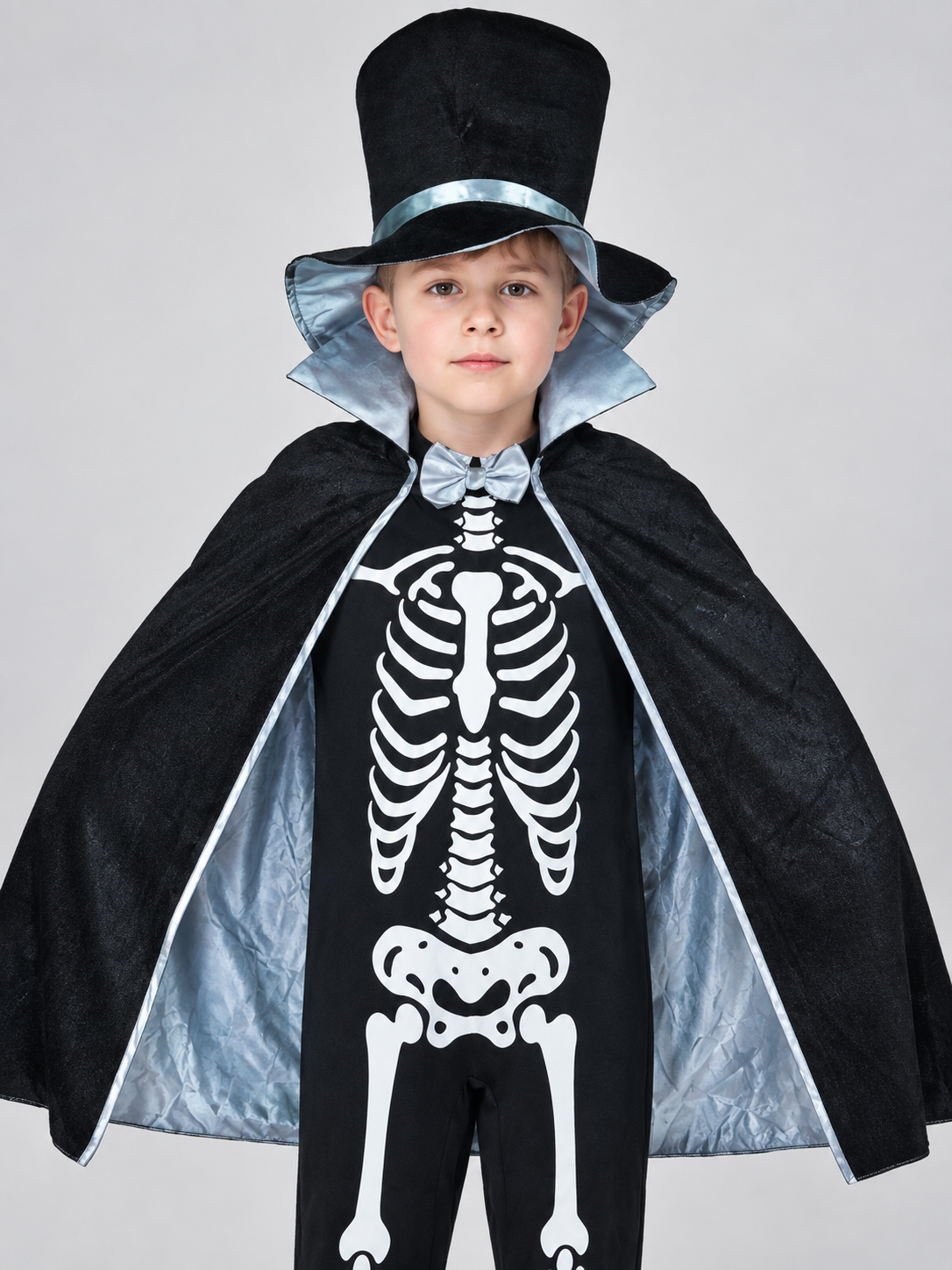 Kids' skeleton carnival costume with cape and top hat