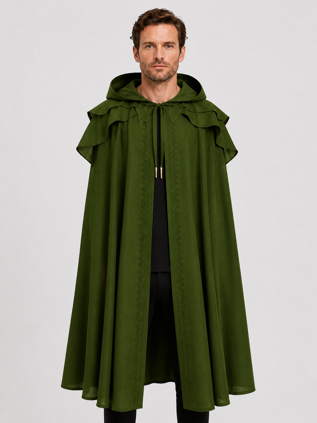 Dark Green Medieval Hooded Cloak for Halloween Costume Capes detail 2