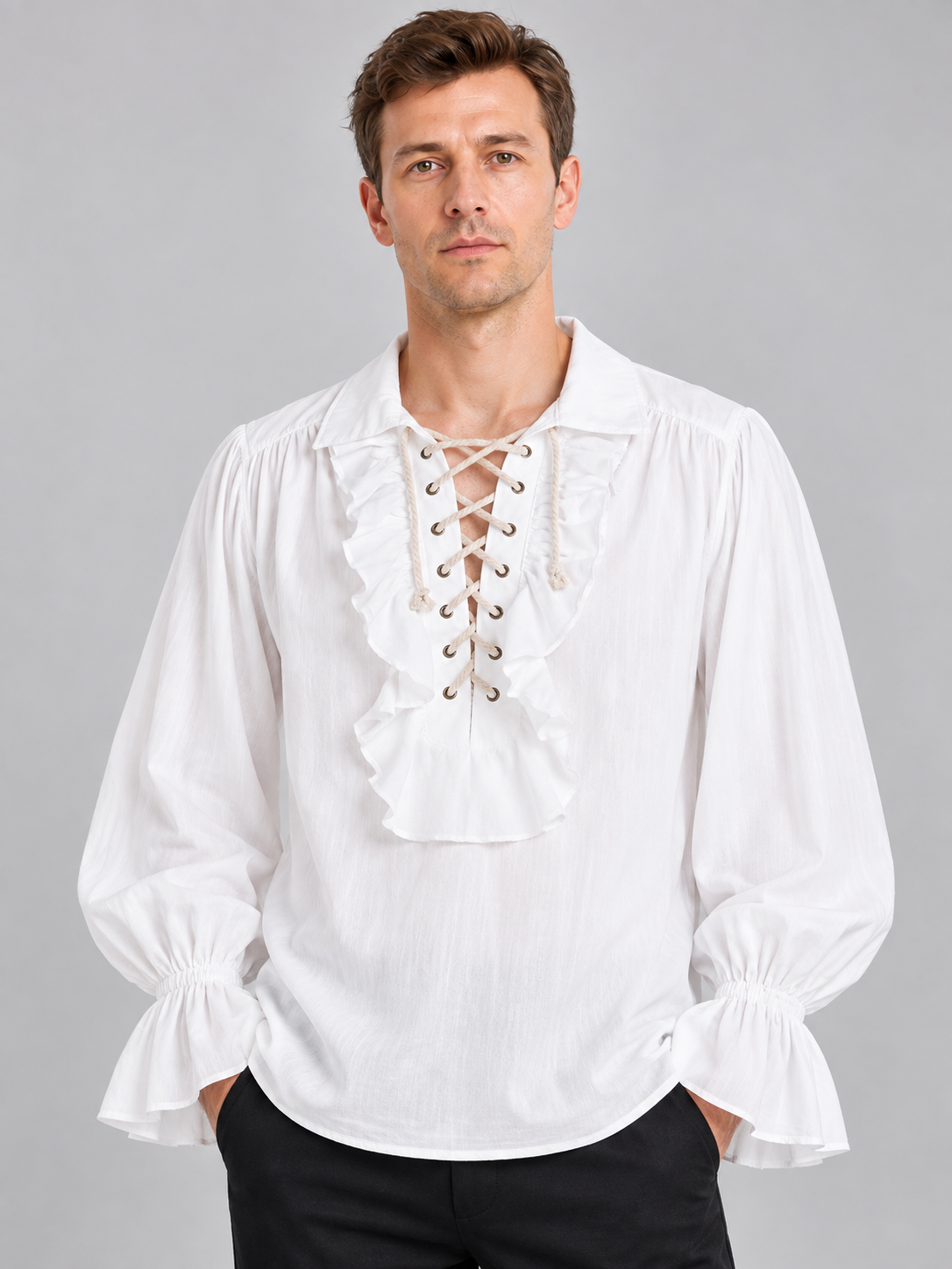 White shirt with puffy sleeves, collar, and lacing