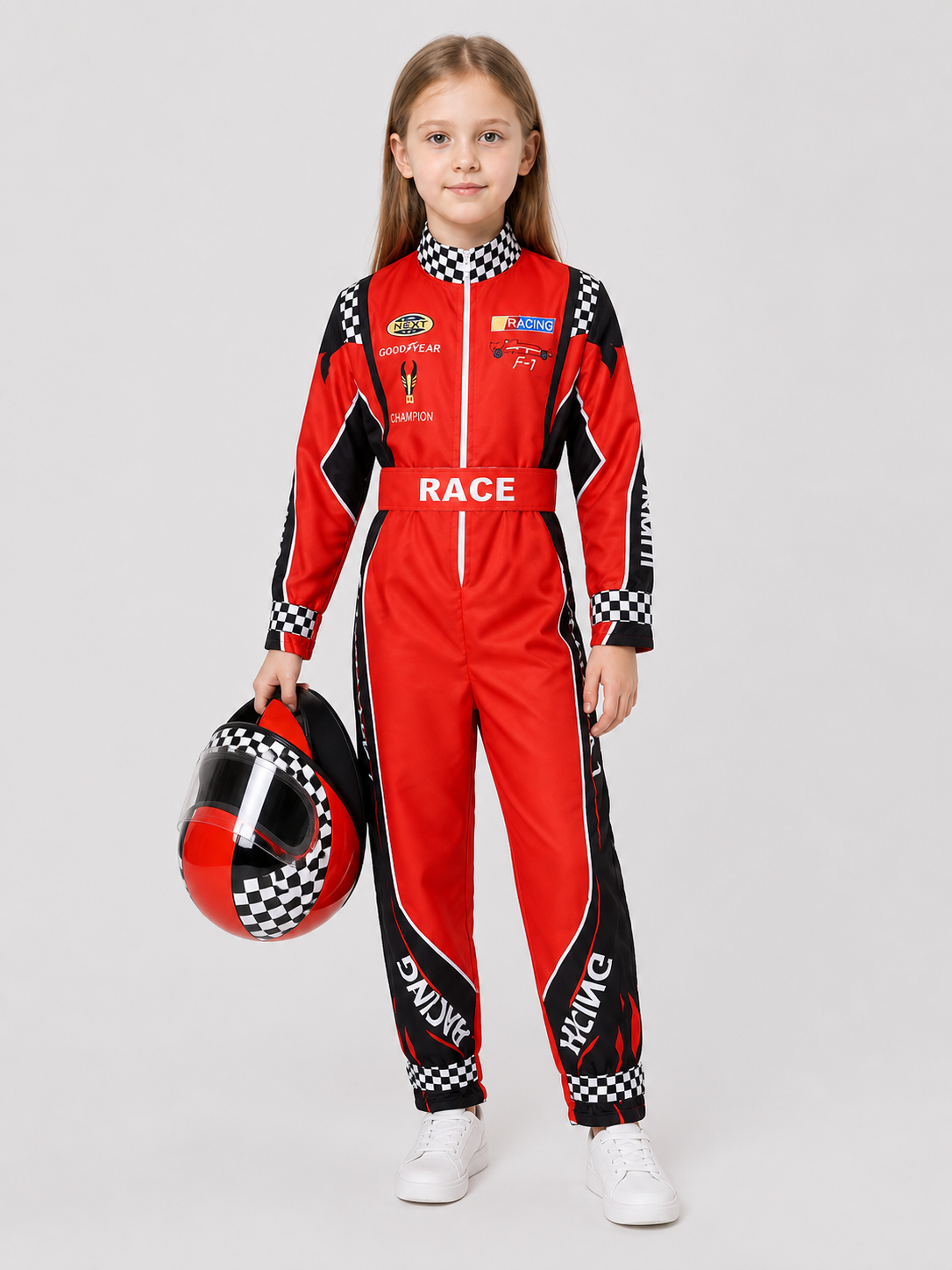 Red Racing Jumpsuit with Checkered Pattern, 110-XXXL