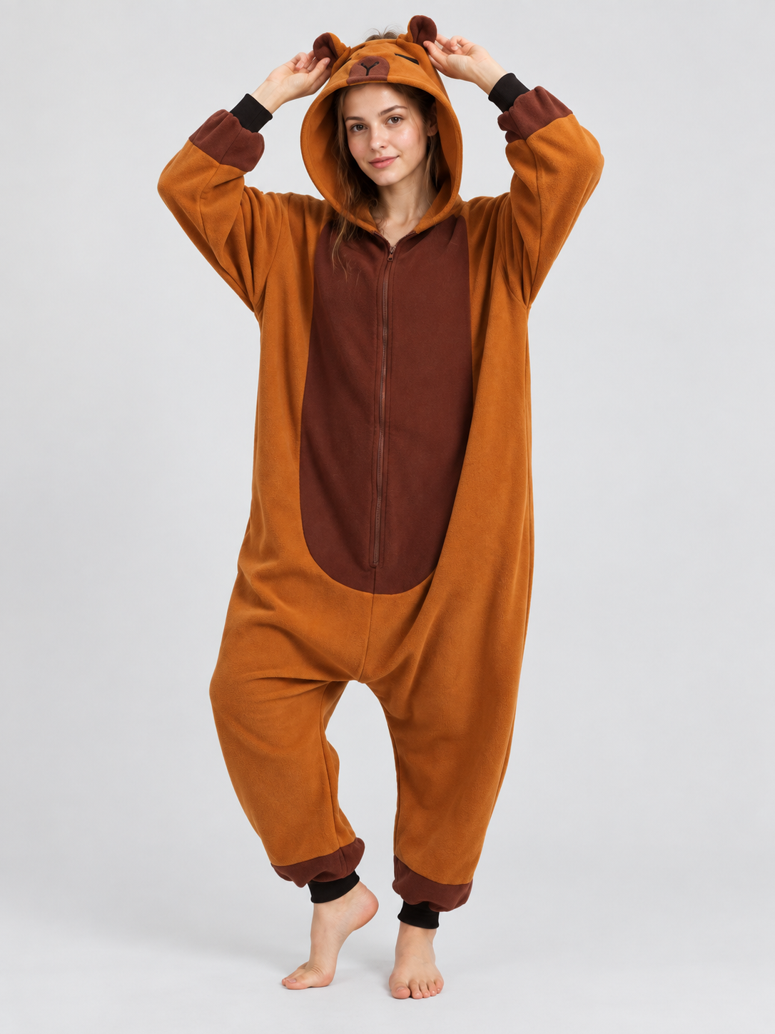 Hooded Pajama Jumpsuit with Ears, Orange-Brown