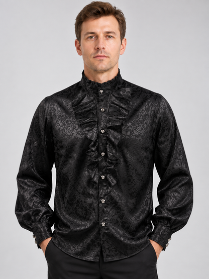 Black Shiny Shirt with Jabot and Ruffles