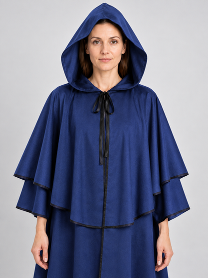 Blue hooded cloak cape with a shoulder cape and ties
