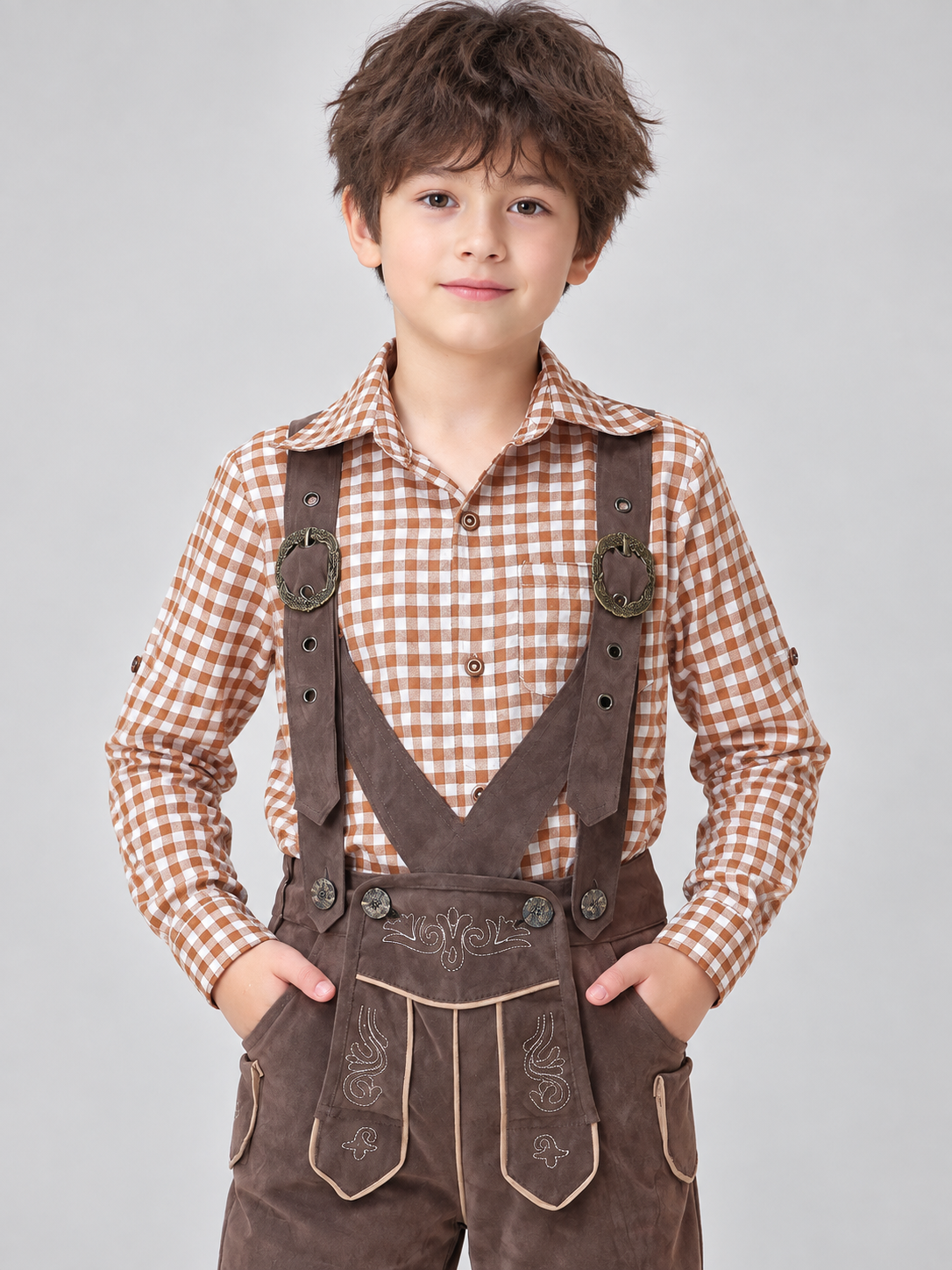 Gray Polyester Kids' Suspender Pants with Embroidery