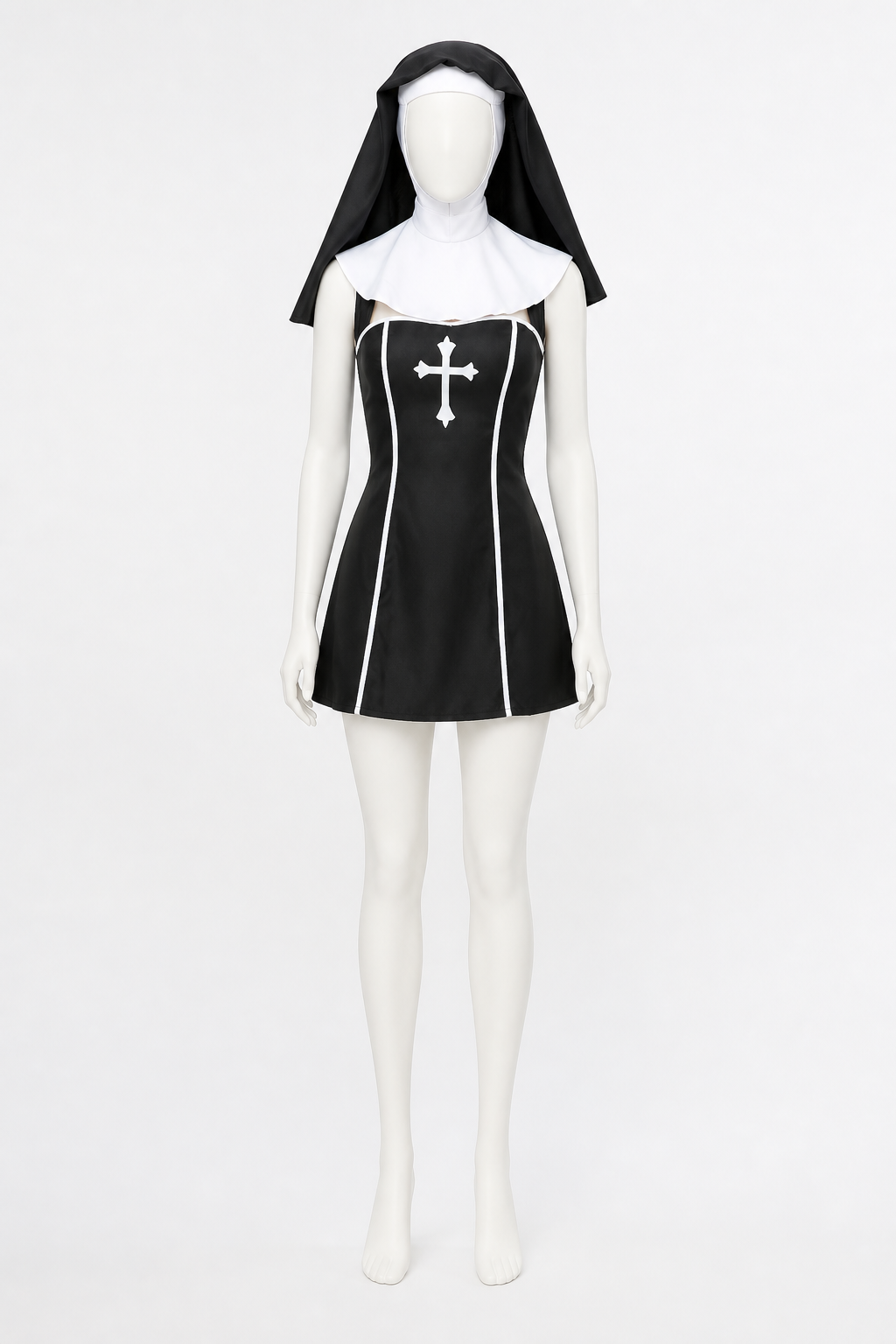 Nun costume with a cross and head covering for Halloween Costumes detail 3