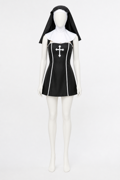 Nun costume with a cross and head covering for Halloween Costumes detail 3