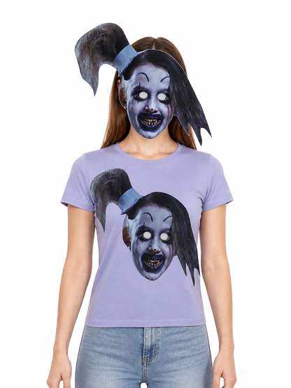 Terrifying Clown Full Face Mask with Witch Hat and Long Black Hair Halloween upper body view