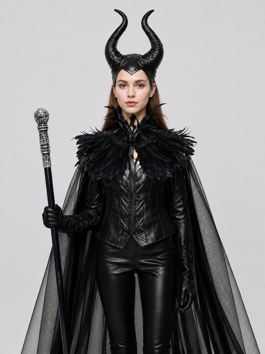 Fantasy Costume with Horns, Mesh Skirt, and Scepter