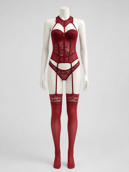 Lace Waist-Cinching Corset with Butterfly Detail and Garters, S-L product detail 2