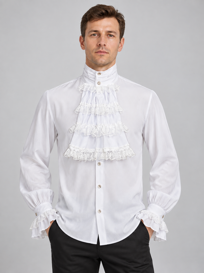 White Ruffled Jabot Shirt with High Collar and Frills