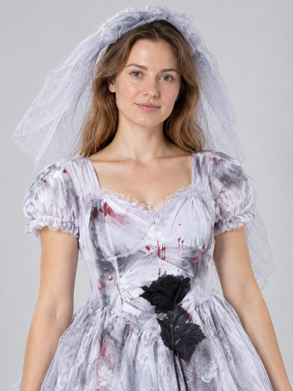 Vampire Costume with Dress, Veil and Black Rose