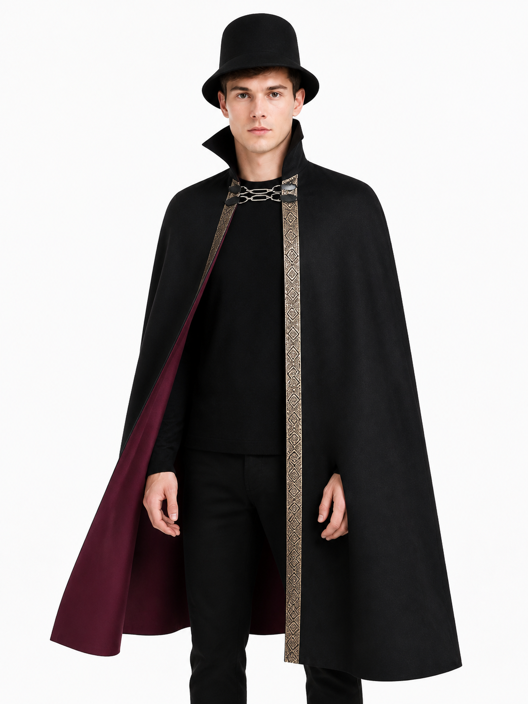 Cape with Hat, Black with Gold Trim upper body view