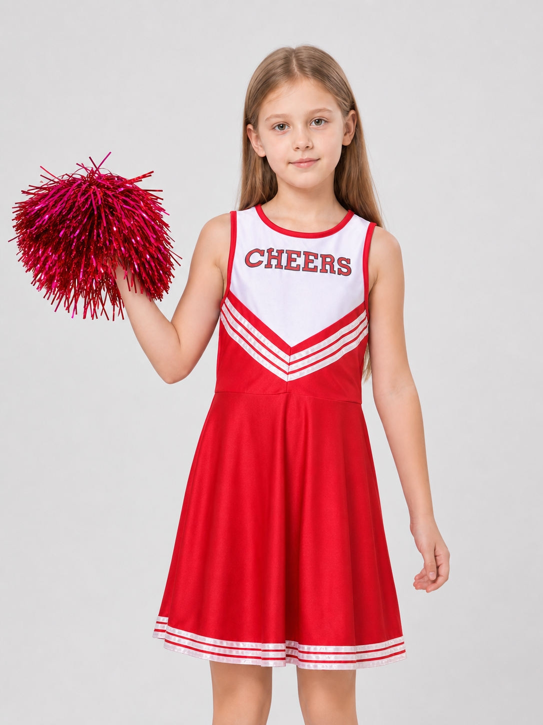 Red Girls' Cheerleading Dress with White Stripes Costume Dresses detail 3