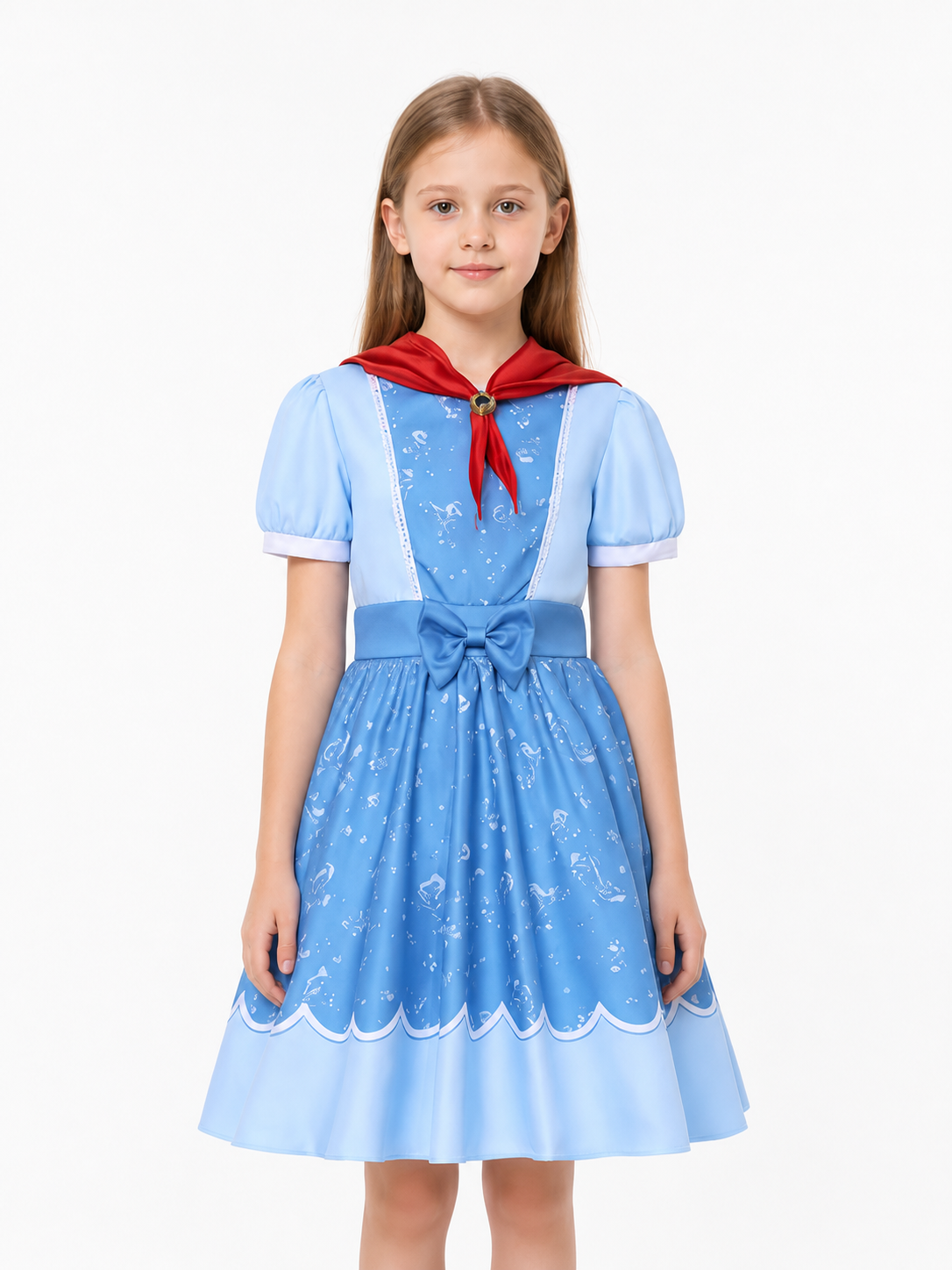 Blue Short-Sleeve Dress with Red Scarf and Bow Costume Dresses detail 3