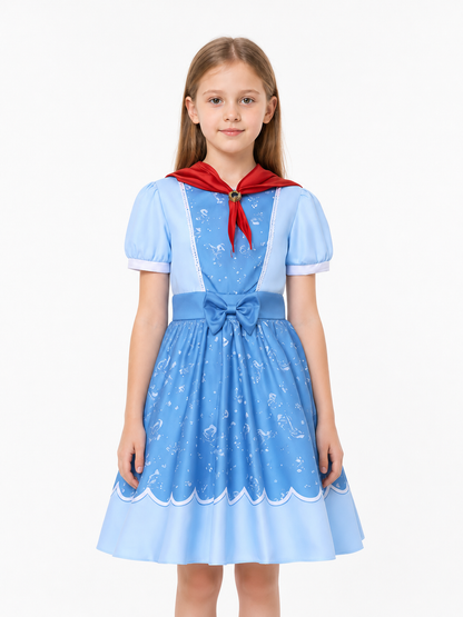 Blue Short-Sleeve Dress with Red Scarf and Bow Costume Dresses detail 3