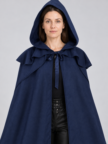 Blue Long Hooded Cloak with Tie Straps