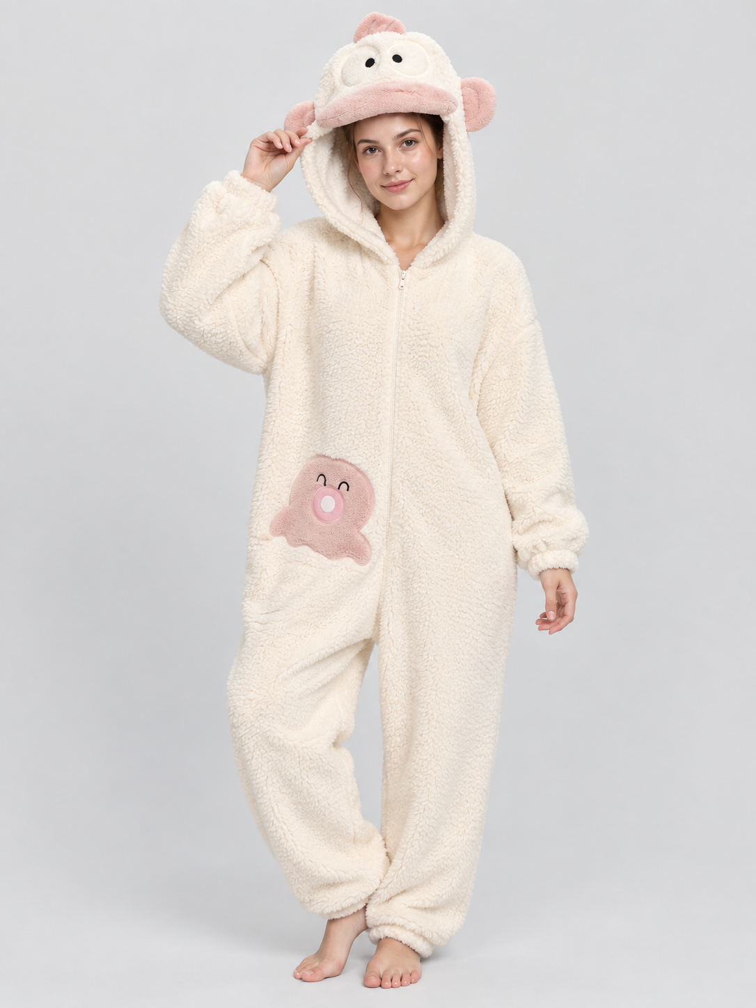 Coral fleece hooded pajama jumpsuit with ears