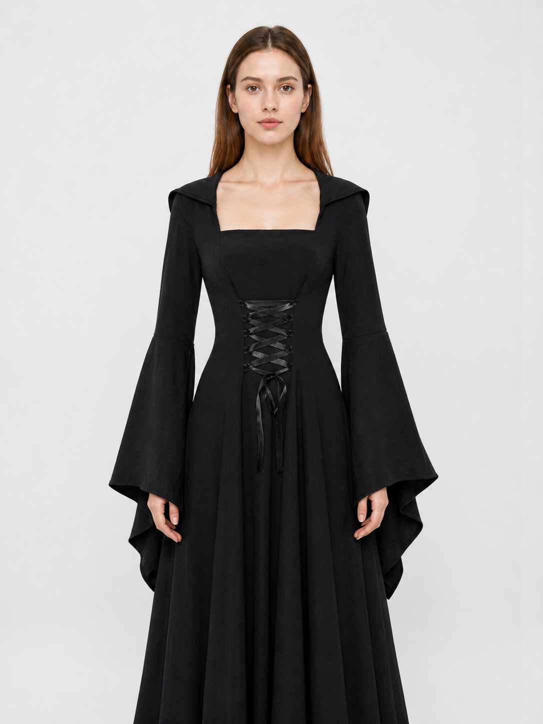 Long Gothic Hooded Lace-Up Dress Costume Dresses detail 3