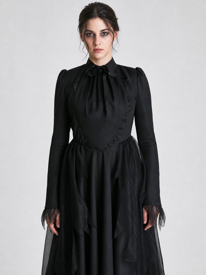 Black Gothic Hooded Dress with Tattered Details Costume Dresses detail 3