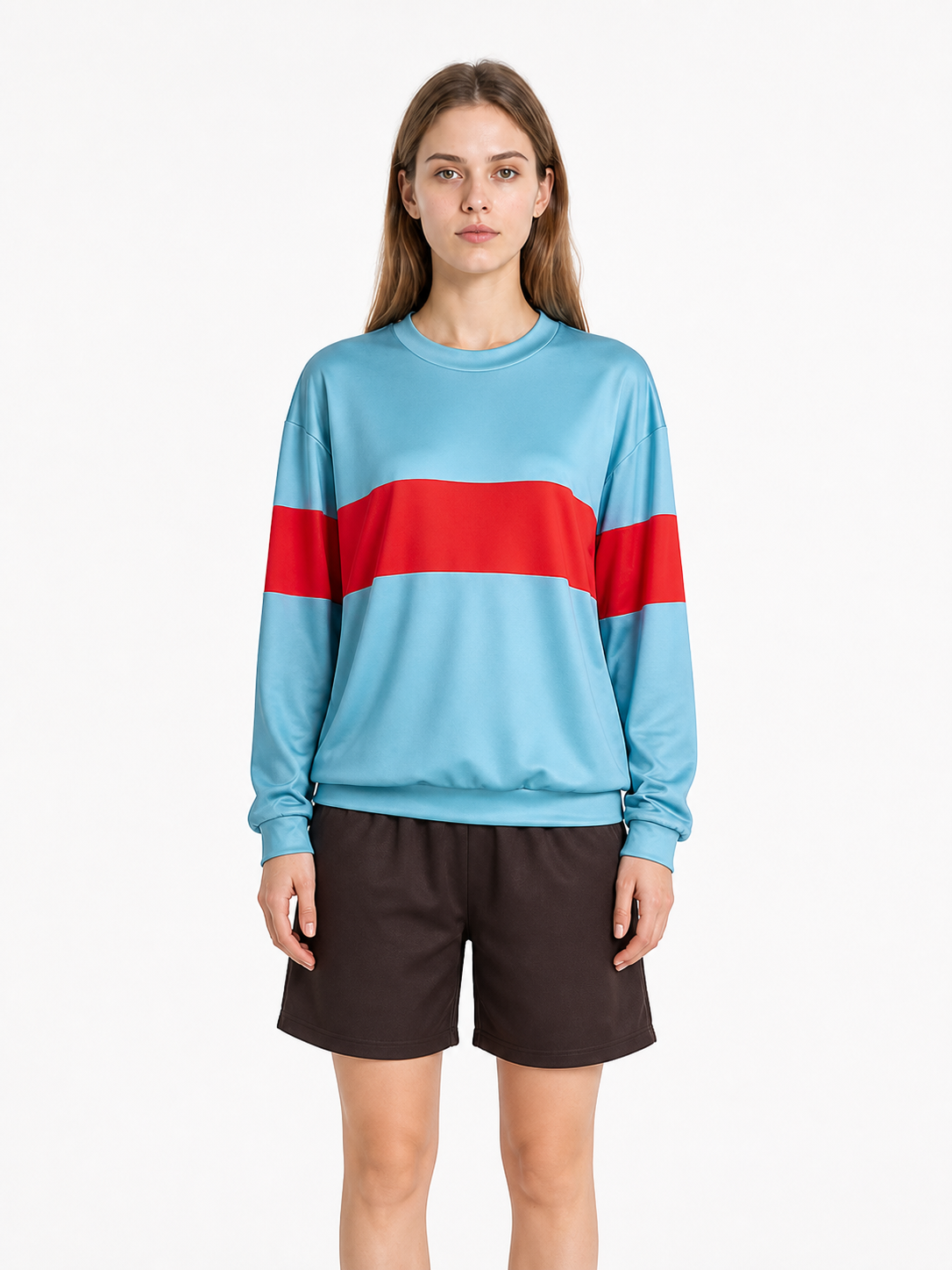 Cosplay costume with a light blue sweatshirt and shorts