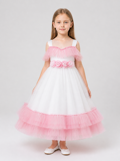 Girls' Dressy Tutu Dress with Ruffles, White and Pink