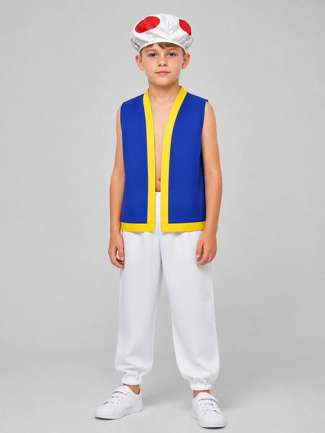 Toad Cosplay Costume: Blue Sleeveless Vest, White Pants, and Hat Costume Headwear detail 3