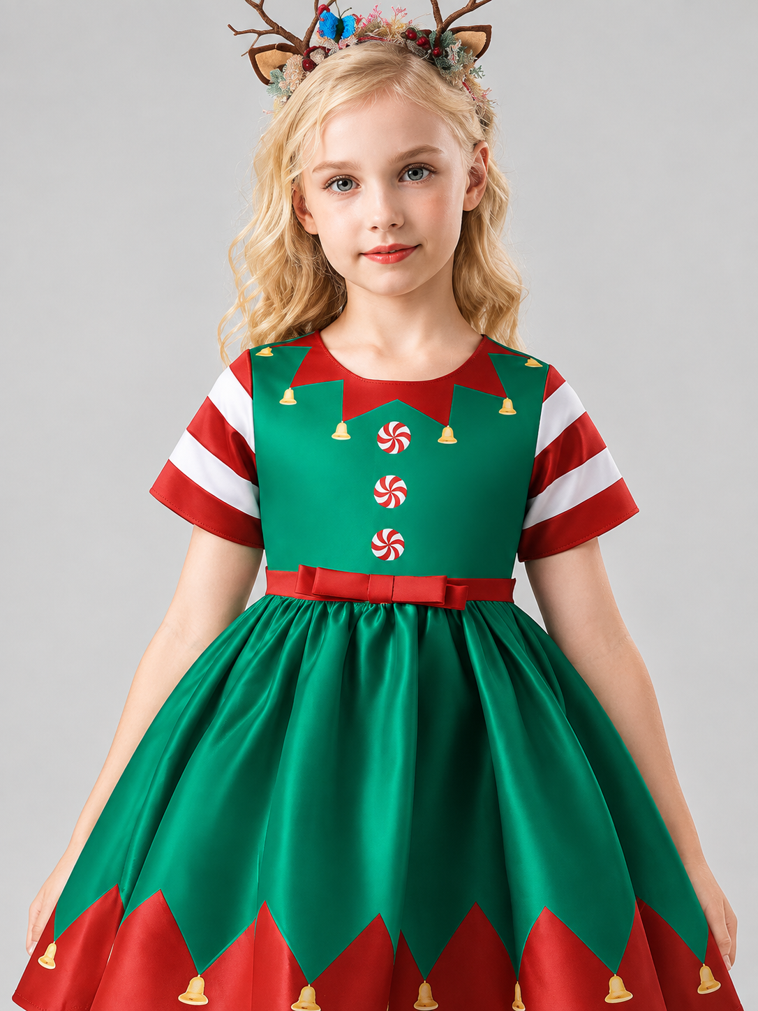 Girls' Festive Dress with Christmas Print and Bow
