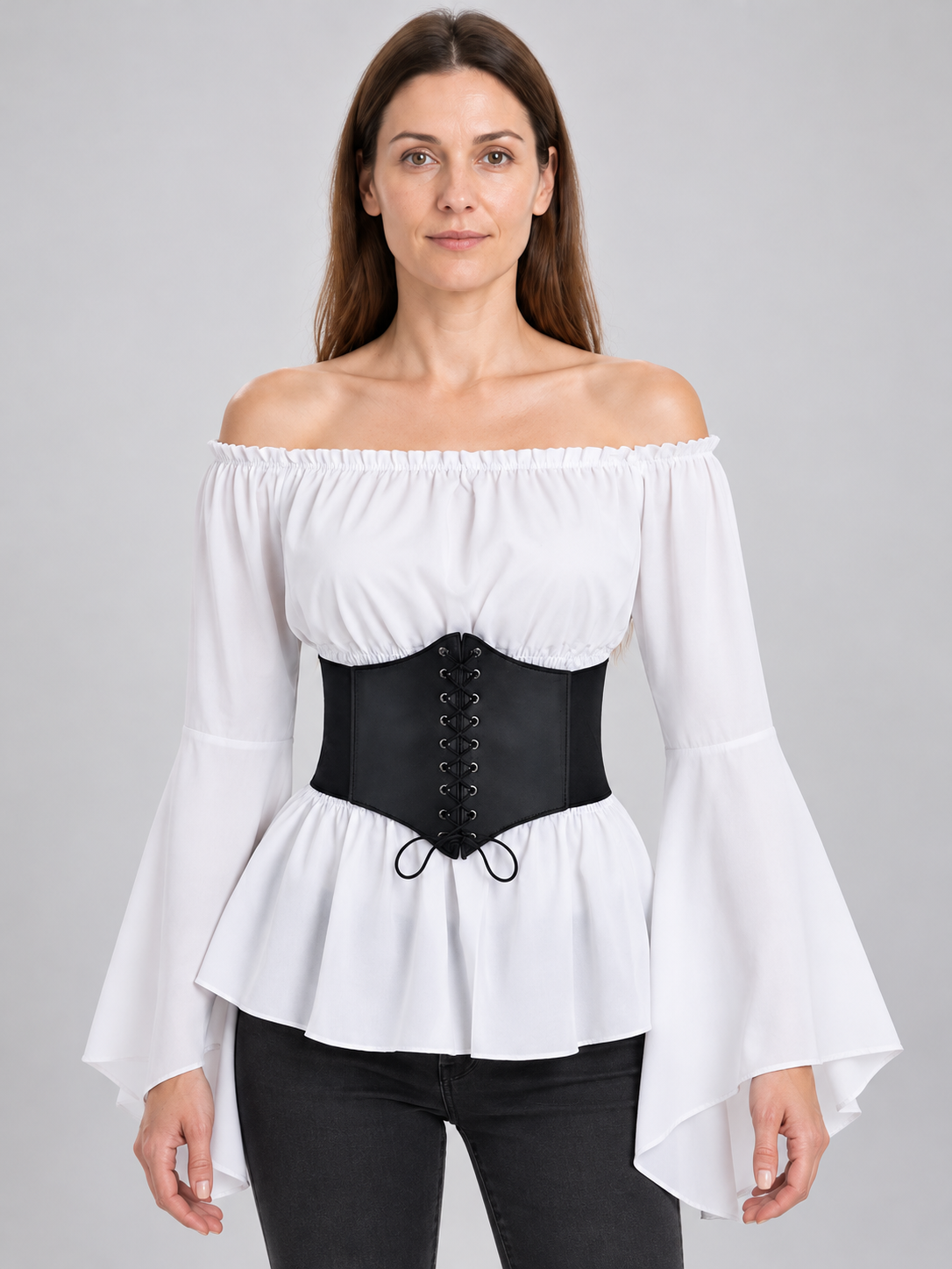White Blouse with Black Corset Belt in Pirate Style