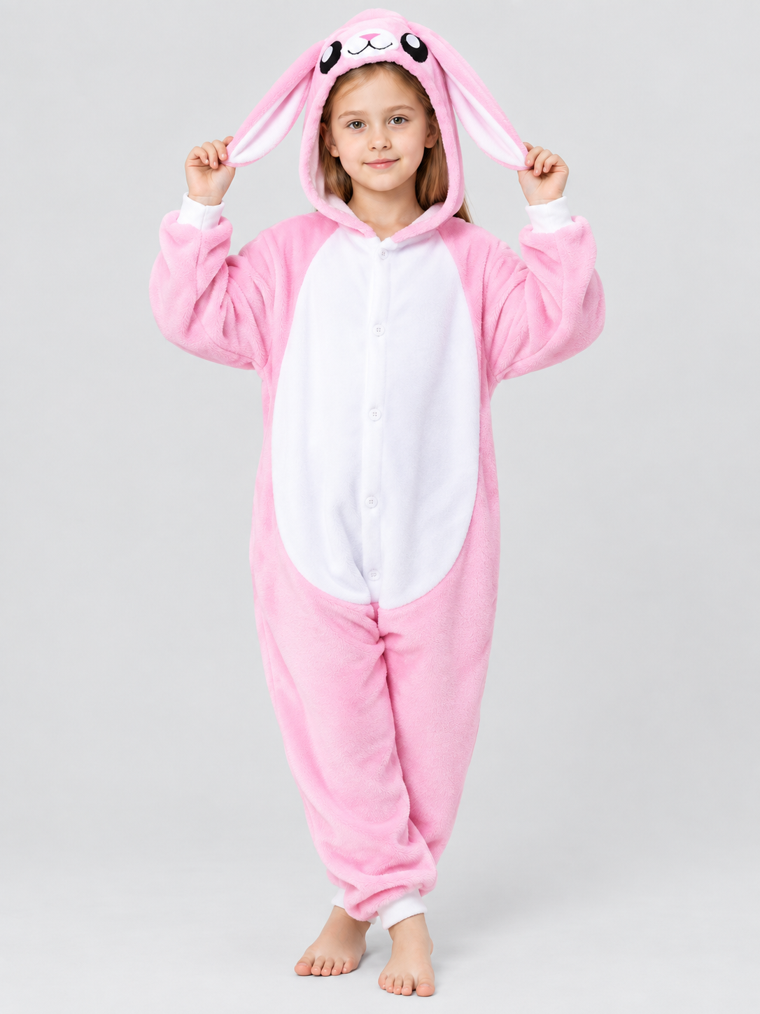 Pink Flannel Kigurumi Pajama with Bunny Ears