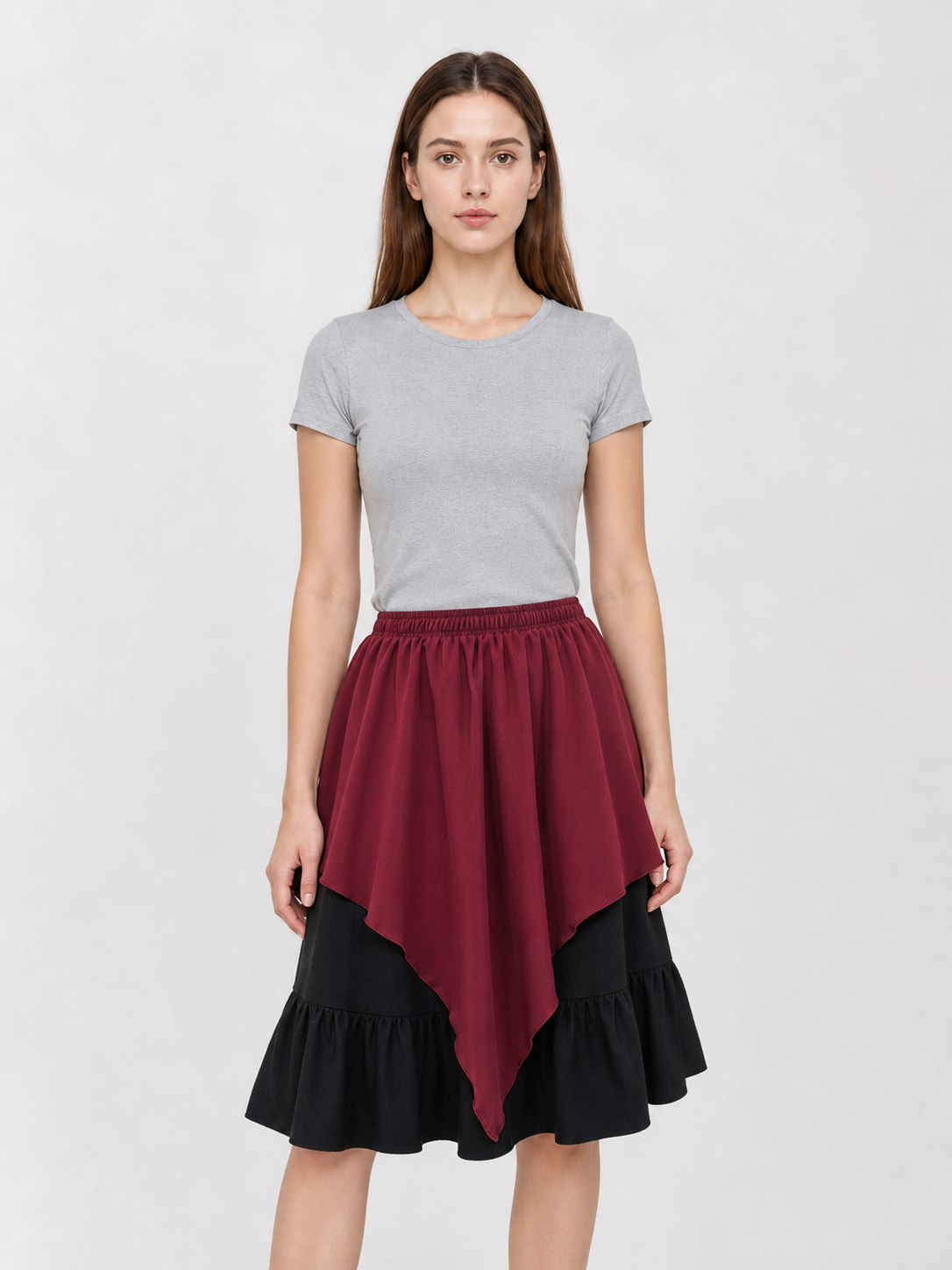 Burgundy and Black Tiered Skirt with an Asymmetrical Hem