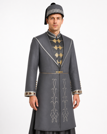 Close-up of the gray wizard robe: ornate gold-tone closures, stand-up collar, cuff trim and embroidered hat