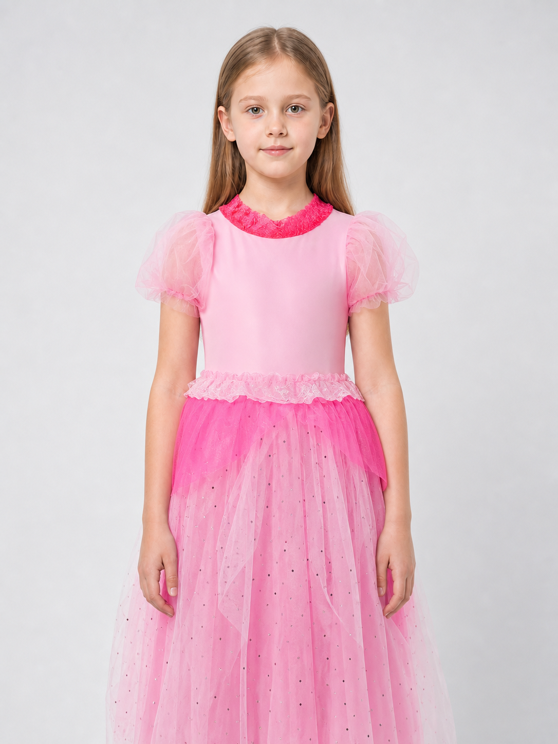 A bright pink Princess Peach costume created for transforming into a fairytale