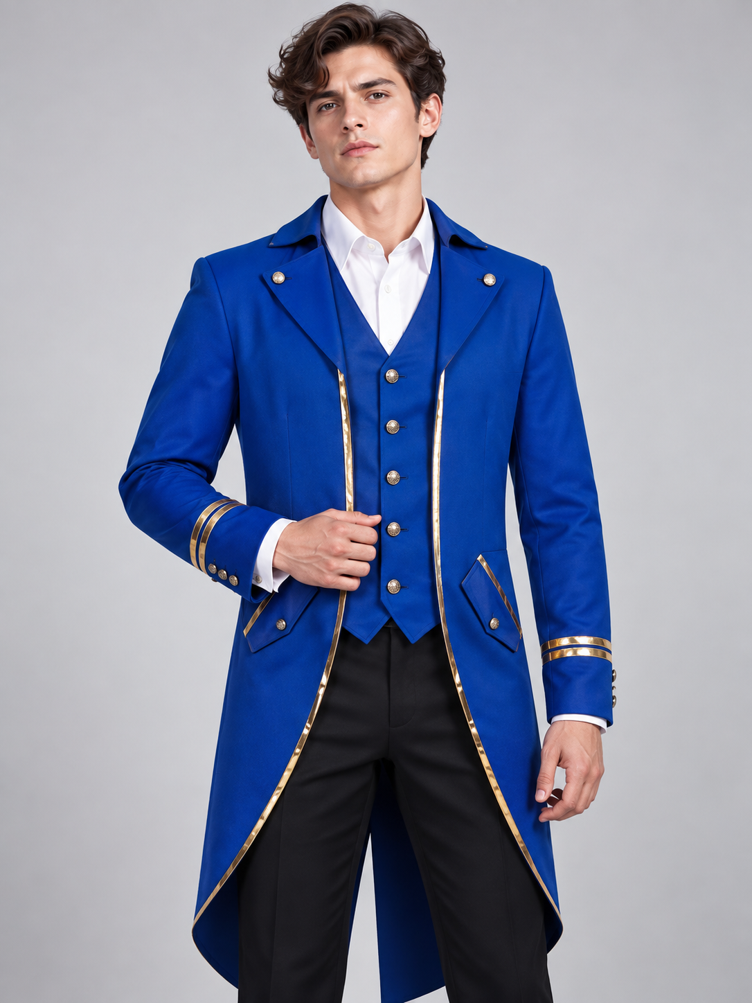 Long blue tailcoat with gold trim and buttons