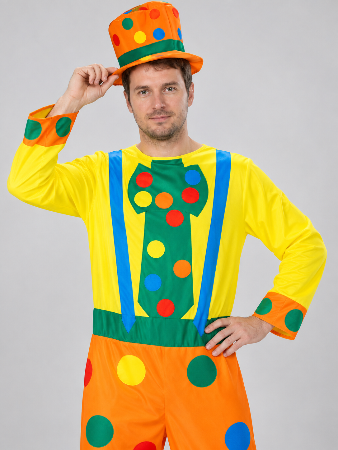 Multicolor Clown Costume with Jumpsuit and Top Hat