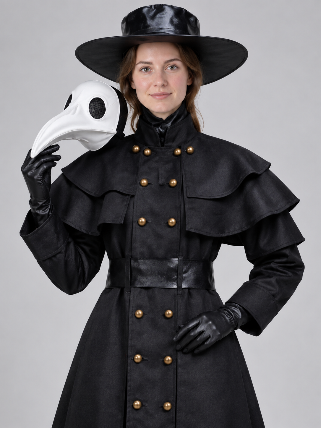 Black Plague Doctor Costume with Mask and Hat for Cosplay