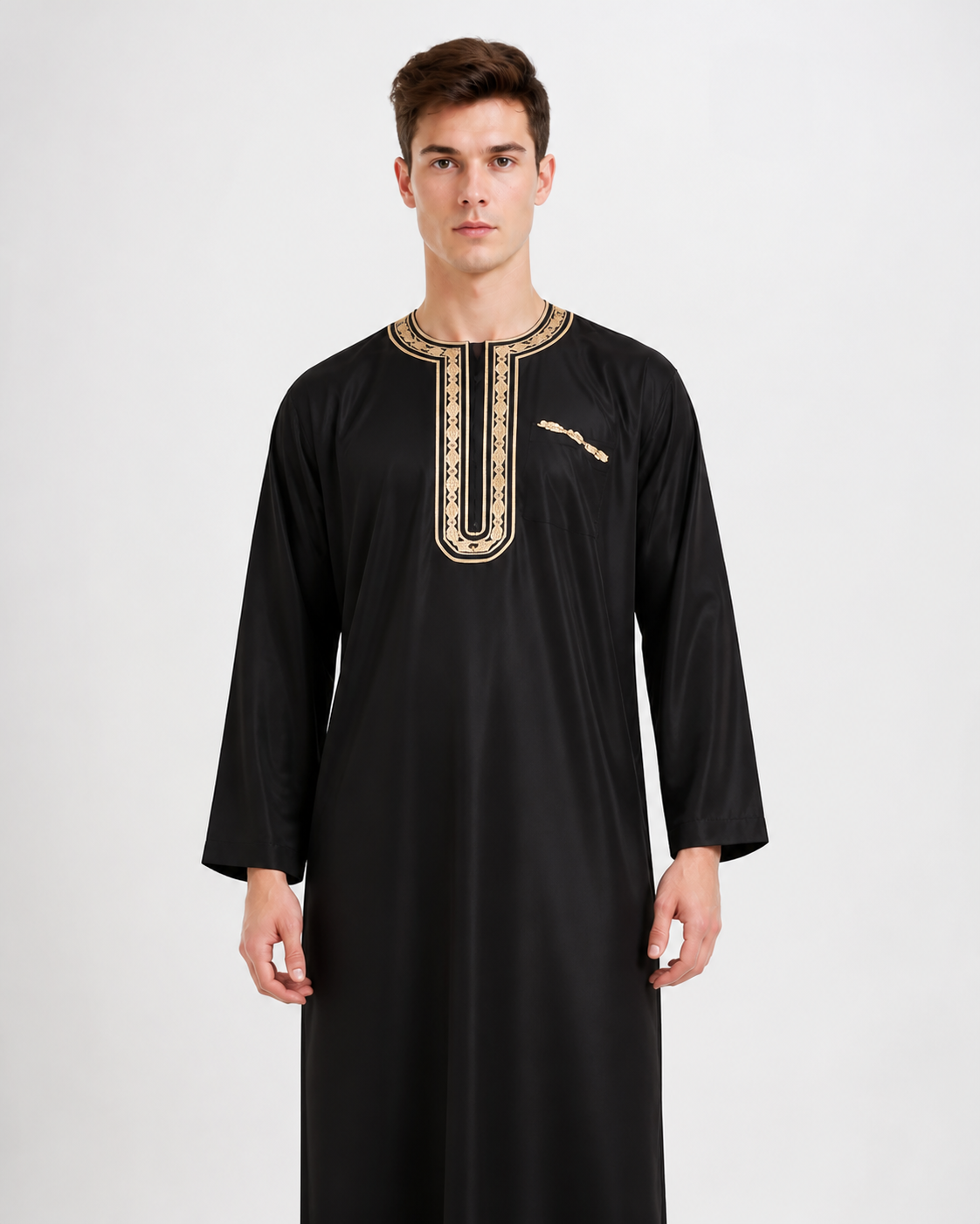 Long Black Abaya with Gold Collar Trim product detail 3