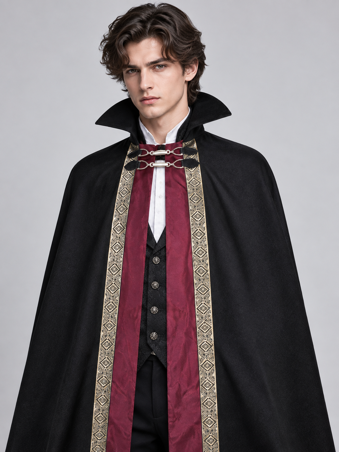 Long Black Cosplay Cloak with Burgundy Lining