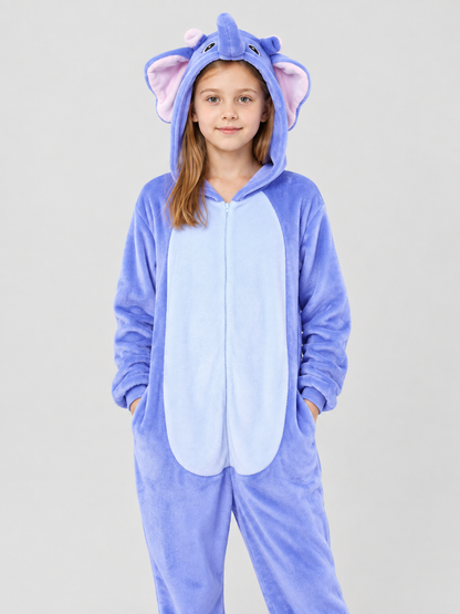 Hooded Pajama Jumpsuit with Elephant Graphic