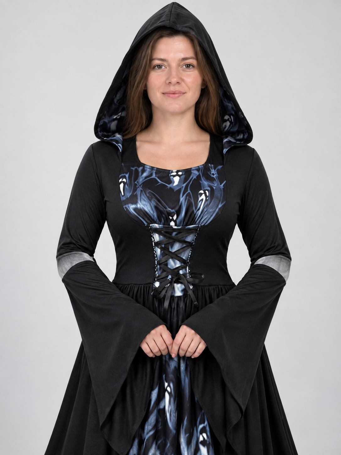 Long Black Hooded Carnival Dress with Lacing