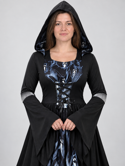 Long Black Hooded Carnival Dress with Lacing