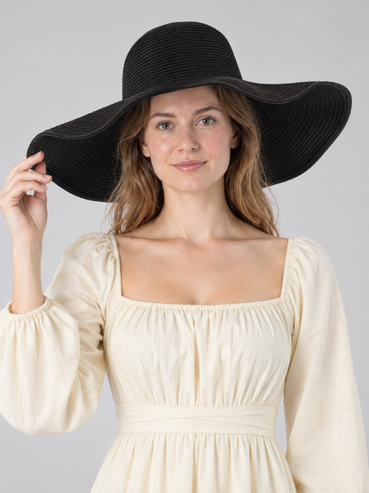 Wide-Brim Black Hat with Wavy Brim