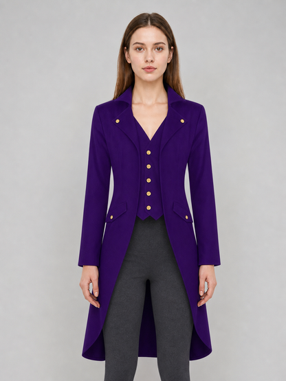 The model is designed as a long tailcoat-style coat with a vintage aesthetic and