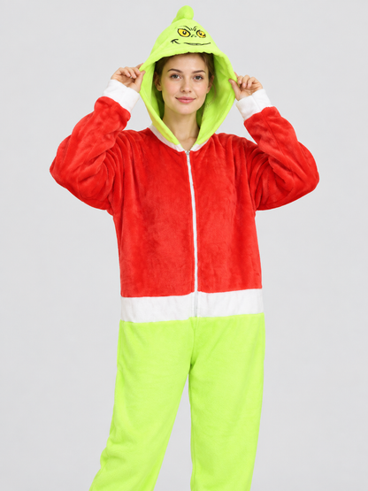 Flannel Hooded Zip Pajama Jumpsuit, Red