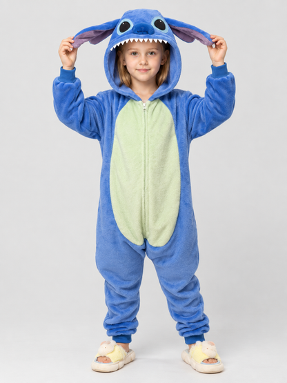 Blue one-piece pajama with hood and cartoon face
