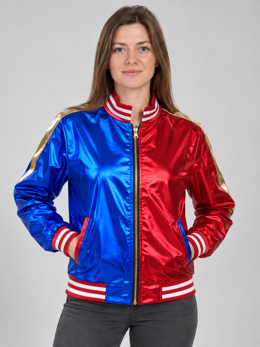 Harley Quinn Cosplay Jacket Blue and Red with Gold Embroidery