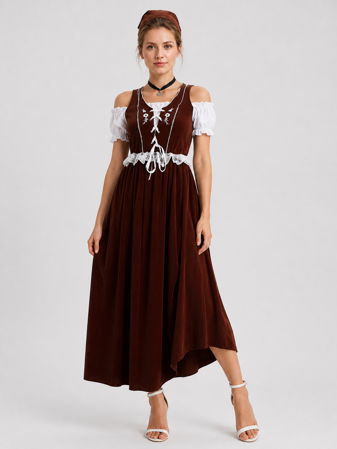 Long Brown and White Cosplay Dress with Lace Costume Dresses detail 3