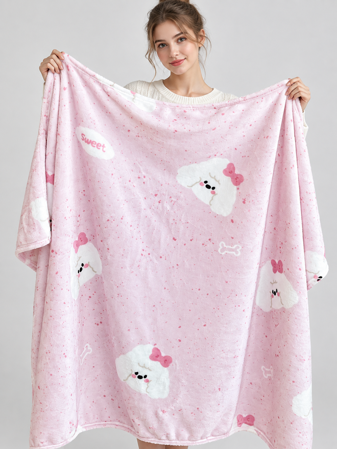 Reversible soft pink and white blanket with print