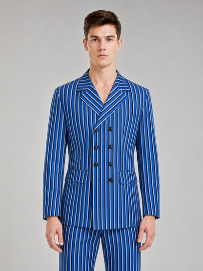 The Doctor Who cosplay double-breasted suit is designed in a white-and-blue color scheme with vertical stripes. The set includes a jacket and pants made in the same design. The jacket features a double-breasted closure, peaked lapels, and f